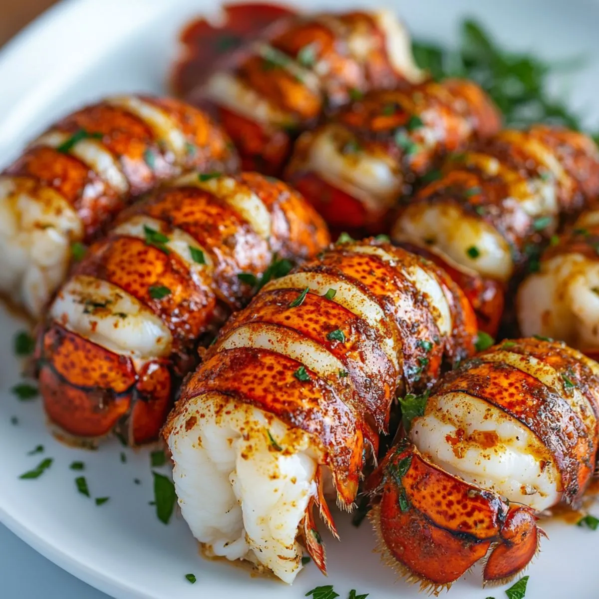 Lobster tails butterflied and baked with garlic butter seasoning and fresh herbs on white serving plate