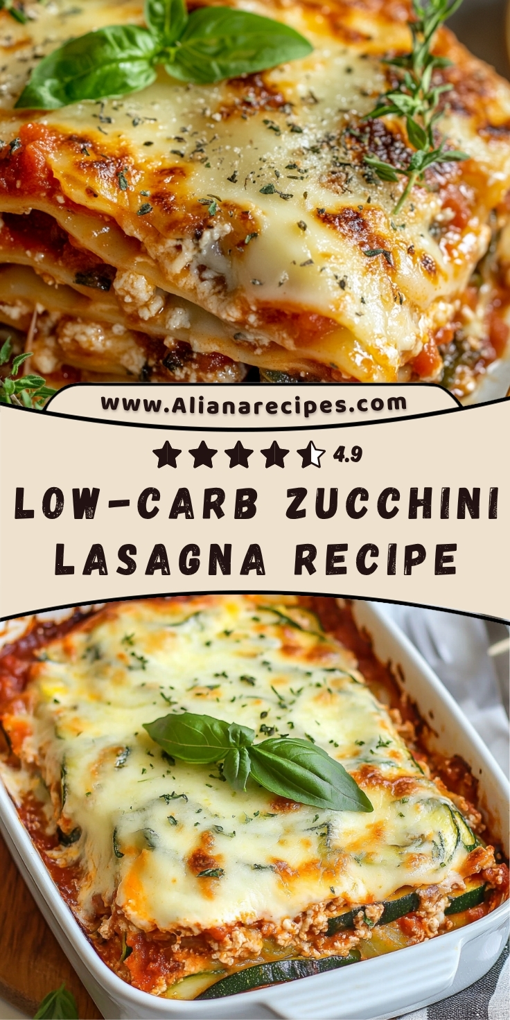 Zucchini lasagna recipe showing golden brown melted cheese layers with thin zucchini slices, fresh basil, and herbs in white baking dish with one slice served showing all the layers