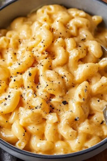 Macaroni and cheese with ultra creamy cheese sauce and black pepper in dark bowl with spoon showing perfect homemade comfort food