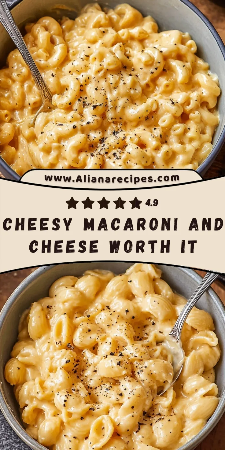 Macaroni and cheese with ultra creamy cheese sauce and black pepper in metal pot with spoon from Aliana Recipes showing cheesy homemade comfort food perfection