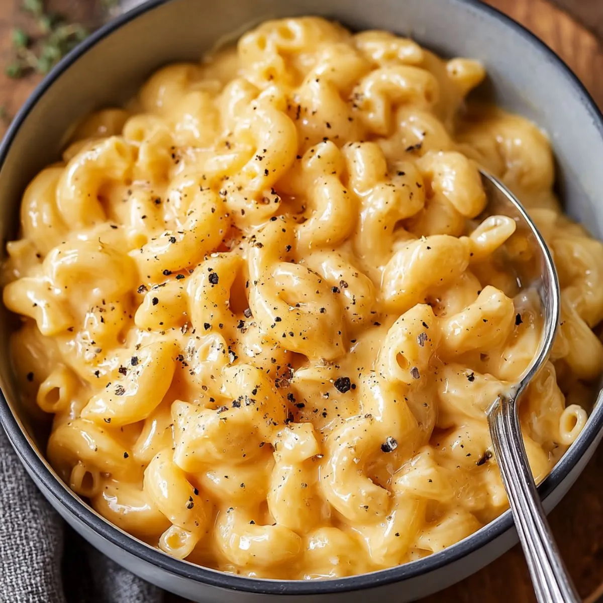 Macaroni and cheese with ultra creamy cheese sauce and black pepper in dark bowl with spoon showing perfect homemade comfort food