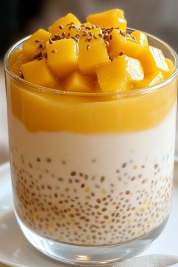 Mango sago dessert featuring layers of tapioca pearls, creamy white coconut milk, bright orange mango puree, and fresh diced mango cubes topped with sesame seeds in clear glass