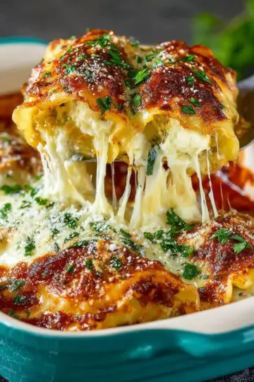 Manicotti recipe showing cheese-stuffed pasta tubes in white baking dish with melted mozzarella, marinara sauce and fresh herbs being lifted with serving spoon