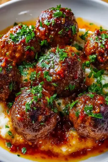 Meatballs in rich tomato sauce garnished with fresh parsley served over creamy mashed potatoes on white plate showing perfect homemade dinner