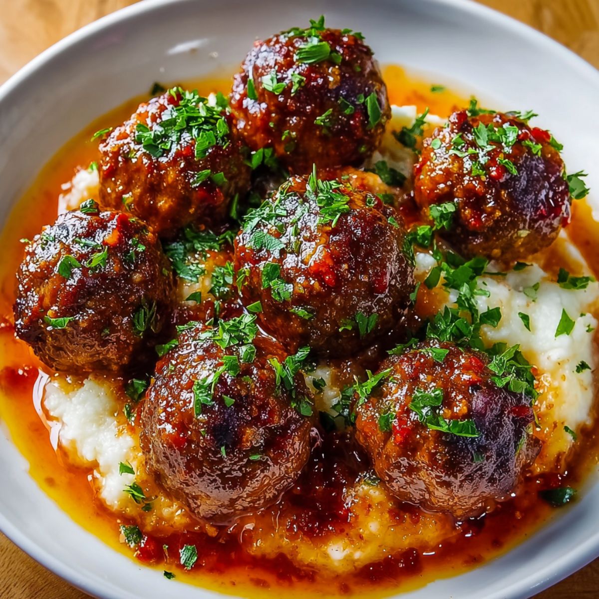 Meatballs in rich tomato sauce garnished with fresh parsley served over creamy mashed potatoes on white plate showing perfect homemade dinner