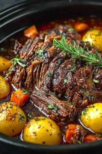 Mississippi pot roast in black crockpot with shredded tender meat, baby potatoes, carrots and fresh rosemary garnish in rich brown gravy