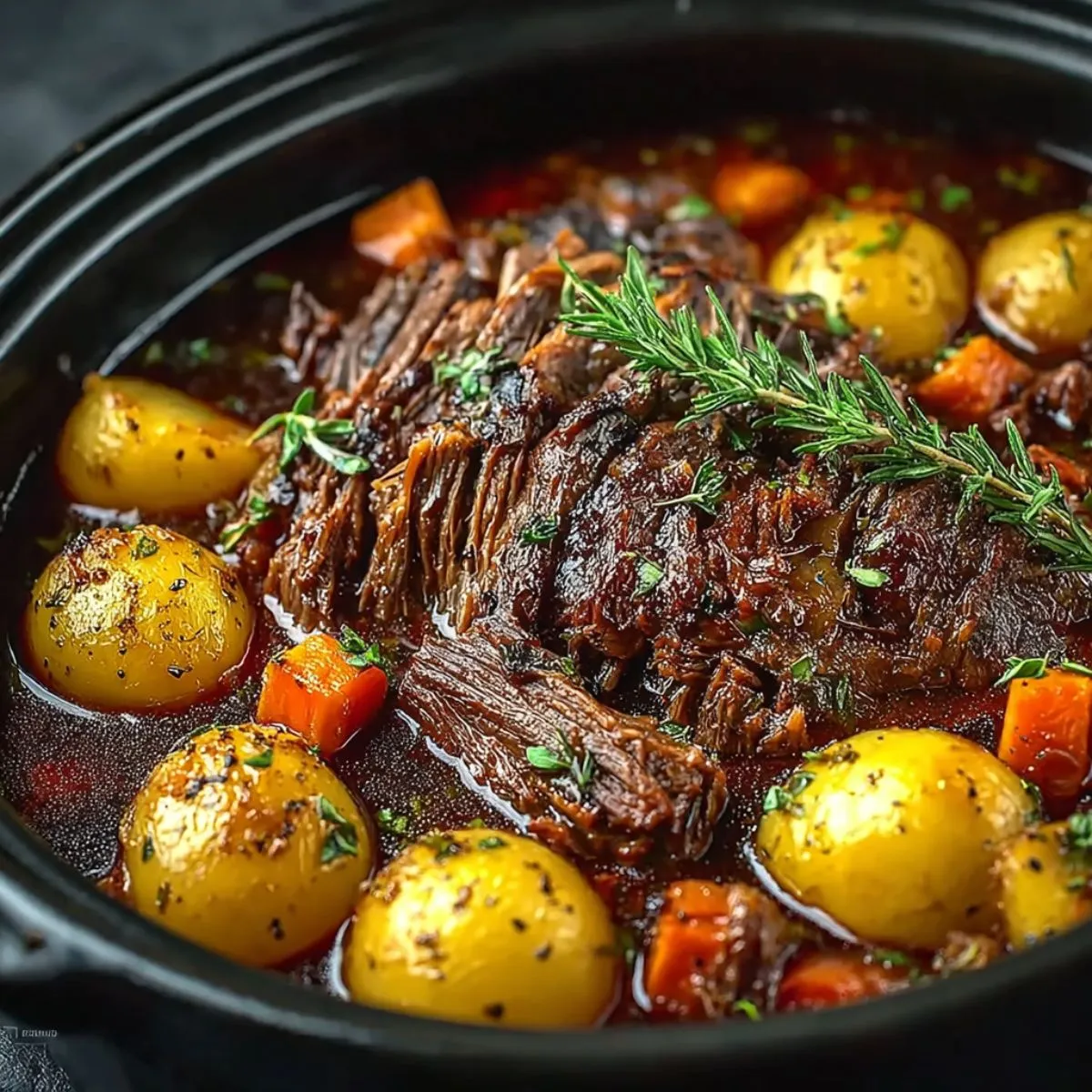 Mississippi pot roast in black crockpot with shredded tender meat, baby potatoes, carrots and fresh rosemary garnish in rich brown gravy
