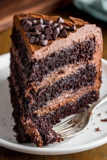 Chocolate cake recipe slice showing moist dark chocolate layers with rich chocolate frosting and chocolate chips on white plate