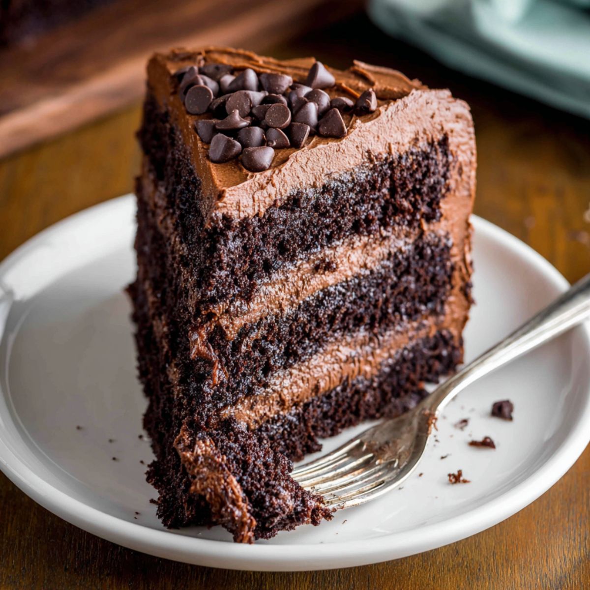 Chocolate cake recipe slice showing moist dark chocolate layers with rich chocolate frosting and chocolate chips on white plate