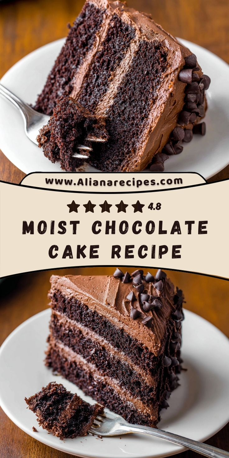 Chocolate cake recipe showing moist dark chocolate layers with chocolate buttercream frosting and chocolate chips displaying 4.8 star rating