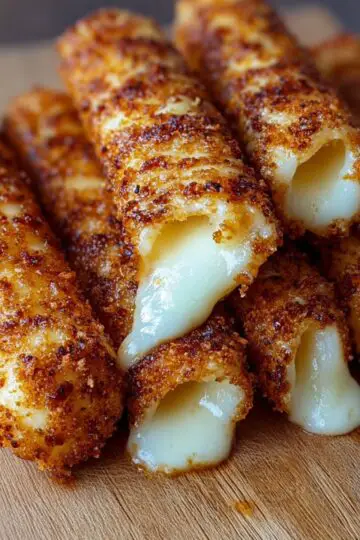 Mozzarella sticks showing perfect golden crispy coating with melted cheese stretching out on wooden cutting board, homemade appetizer recipe