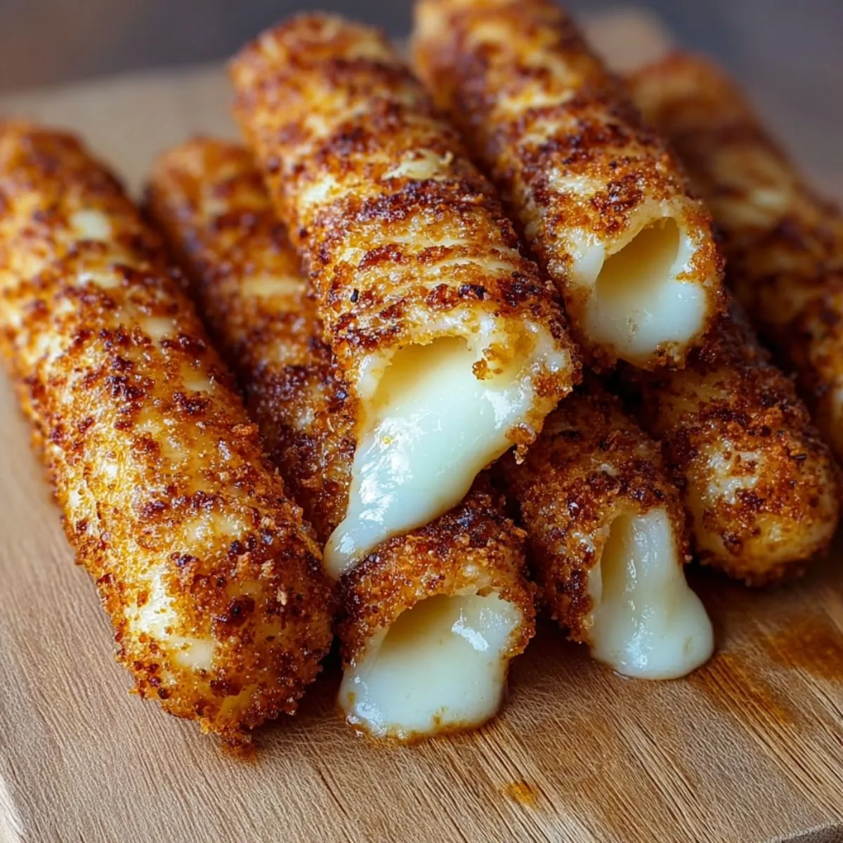 Mozzarella sticks showing perfect golden crispy coating with melted cheese stretching out on wooden cutting board, homemade appetizer recipe