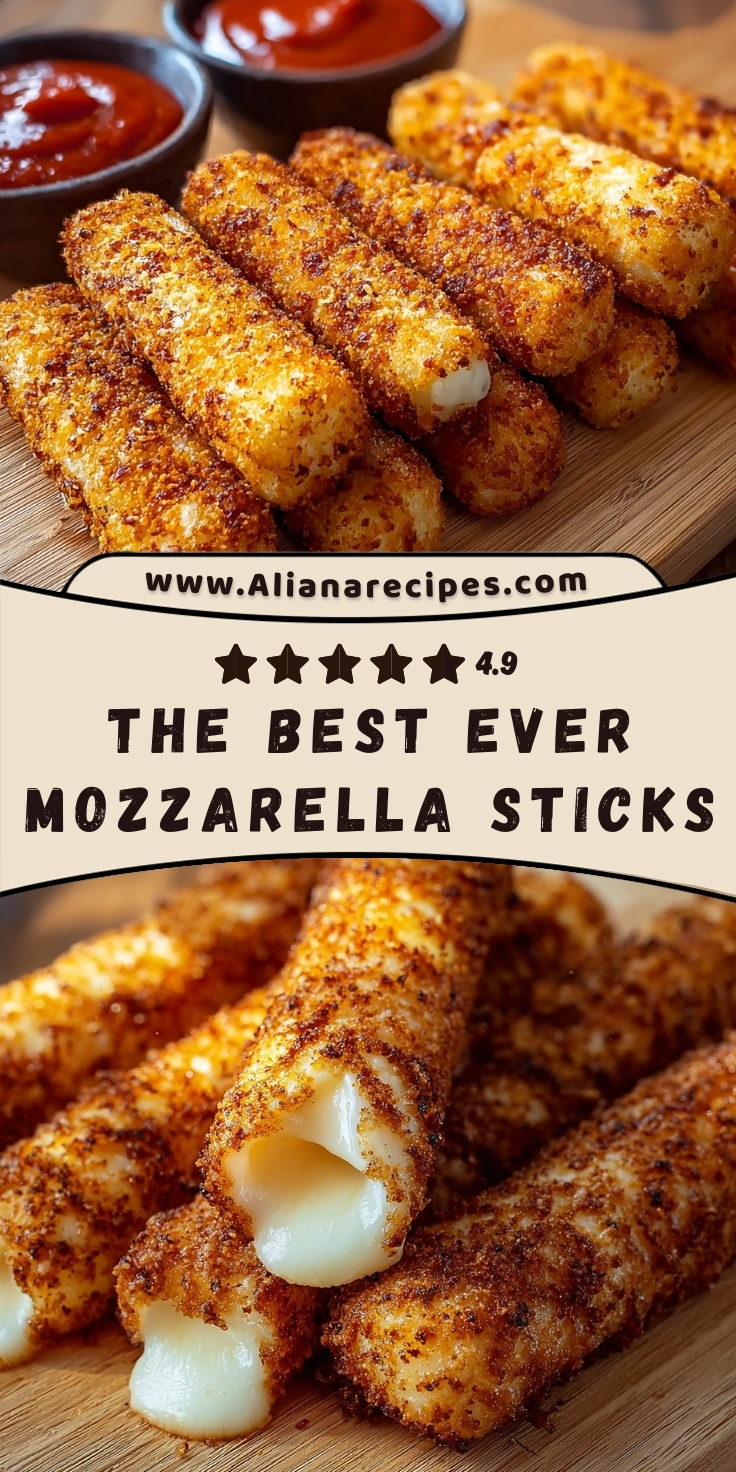 Mozzarella sticks with golden crispy coating and melted cheese served with marinara sauce on wooden board from Aliana Recipes showing homemade appetizer perfection