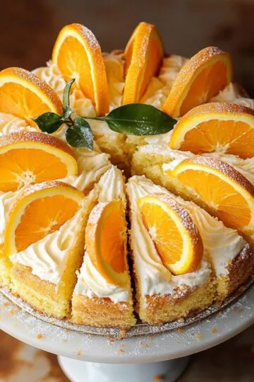 Orange cake recipe showing elegant layer cake with cream cheese frosting piped in decorative swirls topped with fresh orange slices and green leaves on white cake stand displaying beautiful citrus dessert presentation and golden cake layers