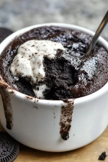 Oreo mug cake in a white mug, with a spoonful of melting vanilla ice cream and a spoon inside, with chocolate drips running down the side on a rustic wooden surface with scattered Oreos