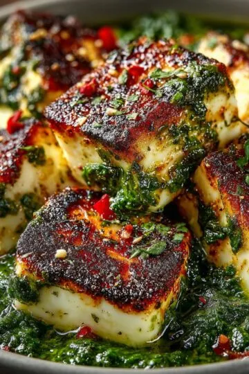 A creamy palak paneer recipe in a black bowl, garnished with fresh cream and a sprig of cilantro, presented on a dark stone surface.