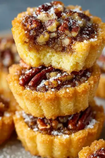 Pecan pie cookies stacked showing golden buttery cookie base topped with caramelized pecans and gooey filling displaying perfect individual pecan pie treats with glossy pecan topping and tender shortbread-style cookie foundation