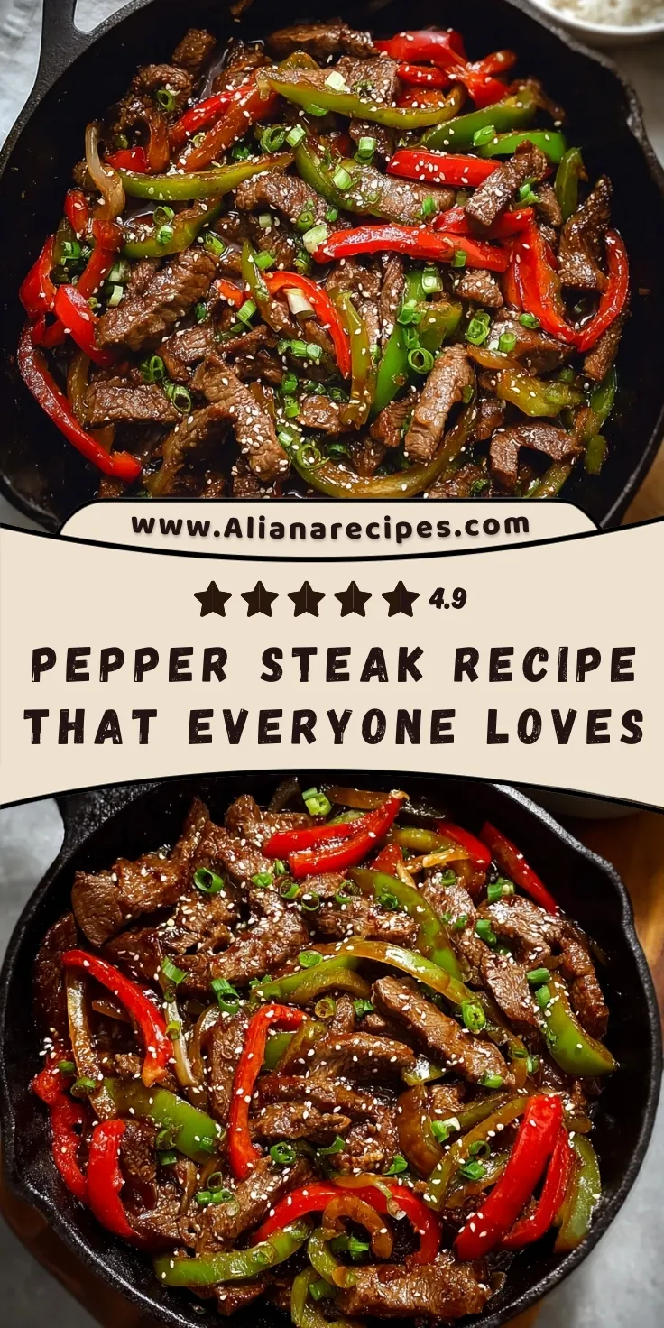 Pepper steak recipe with tender beef strips and colorful bell peppers in savory sauce served in cast iron skillet with 4.9 star rating