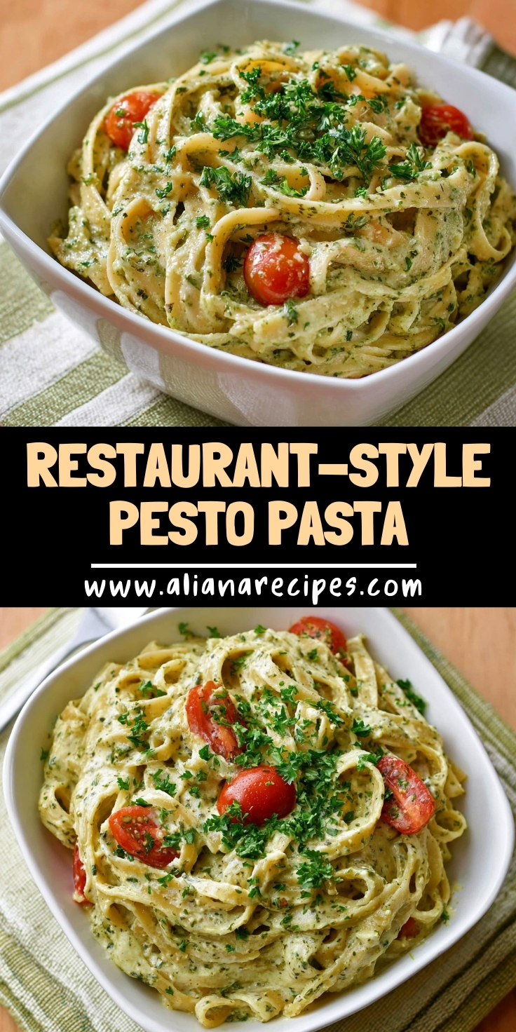 Pesto pasta in white bowl showing restaurant-style pesto pasta with linguine noodles coated in green basil sauce with cherry tomatoes and fresh herbs