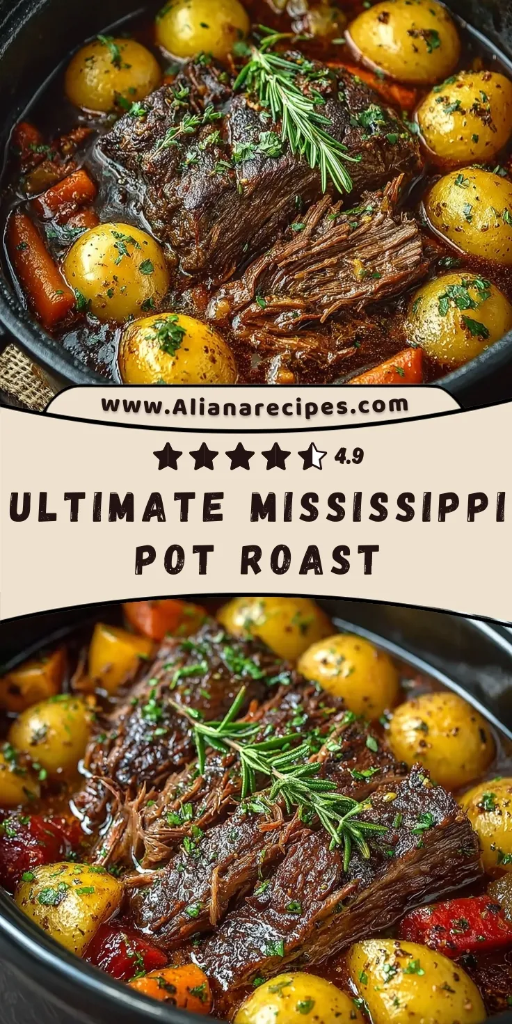Mississippi pot roast in cast iron skillet showing fork-tender shredded meat with baby potatoes, carrots and fresh rosemary in rich brown gravy