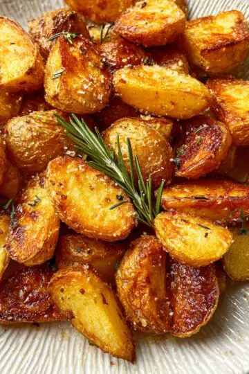 Potato side dishes featuring golden crispy roasted potatoes with herbs on white plate, perfect easy dinner accompaniment