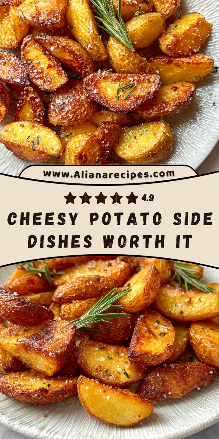 Potato side dishes featuring golden crispy roasted potatoes with fresh rosemary and sea salt on white ridged plate from Aliana Recipes