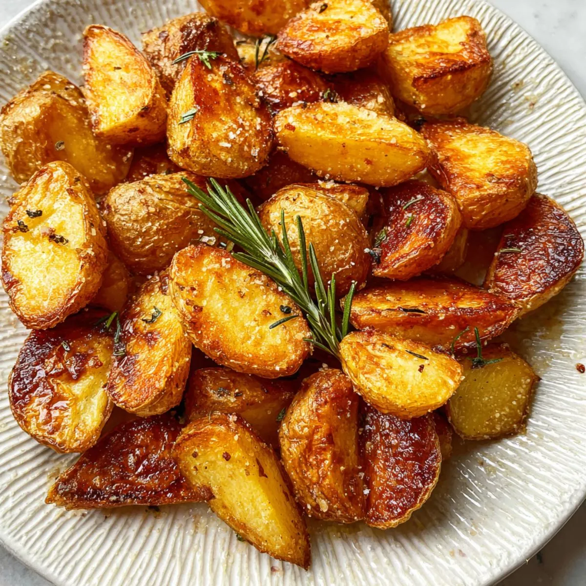 Potato side dishes featuring golden crispy roasted potatoes with herbs on white plate, perfect easy dinner accompaniment