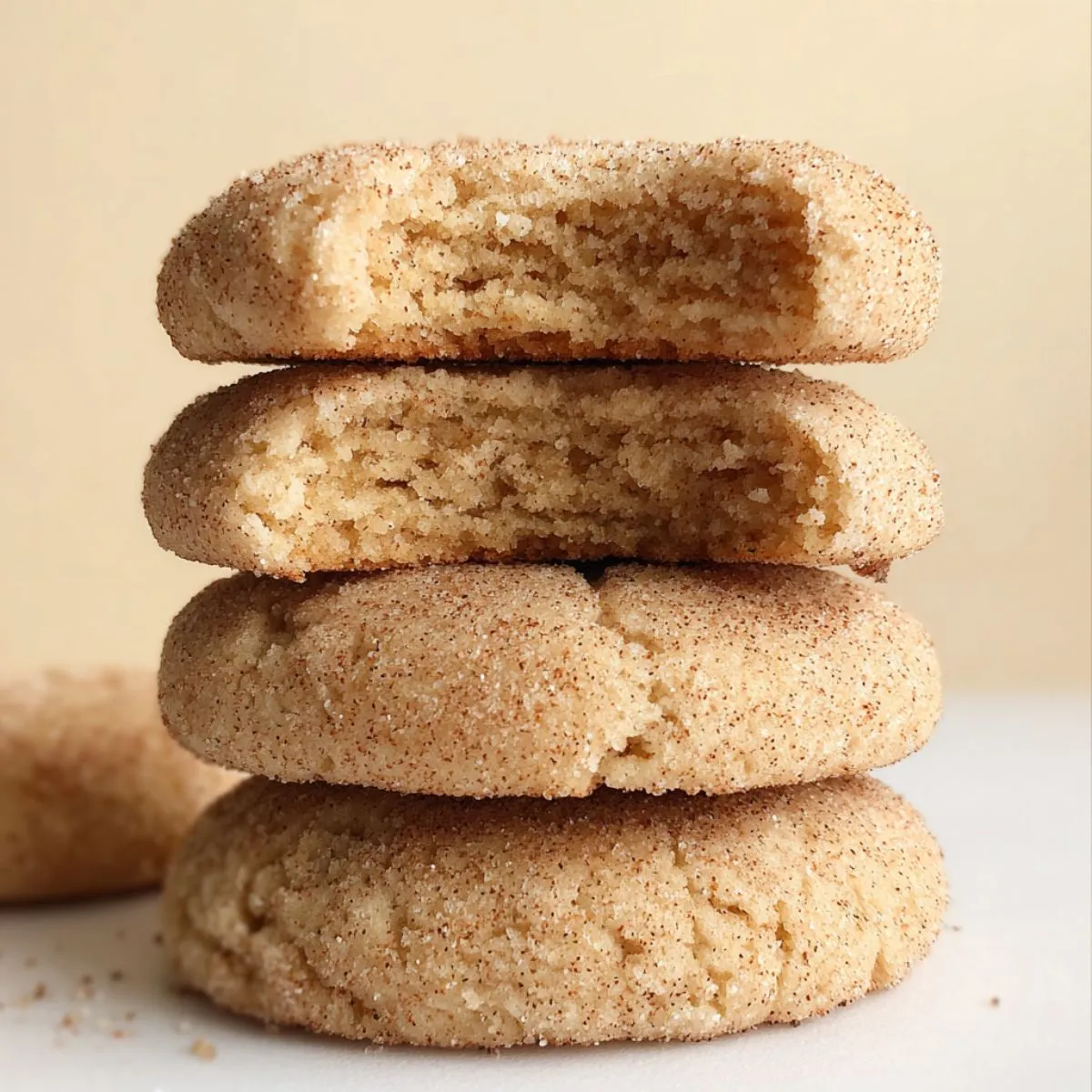 Protein cookies stacked showing soft chewy texture with cinnamon coating and one cookie broken in half revealing tender interior crumb