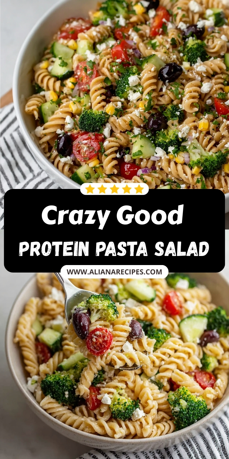 A close-up shot of a hand using a fork to scoop a bite of a high-protein pasta salad from a white bowl