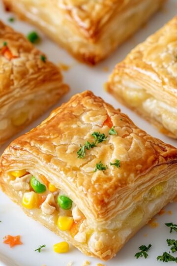 Puff pastry squares filled with mixed vegetables including peas and corn showing golden flaky layers and buttery texture arranged on white serving plate with fresh herbs garnish demonstrating perfect savory appetizer presentation