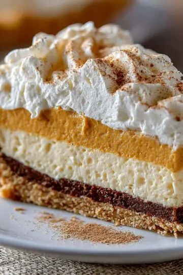 No bake pumpkin cheesecake slice with layered orange and white filling, graham cracker crust, whipped cream topping and cinnamon dusting on white plate