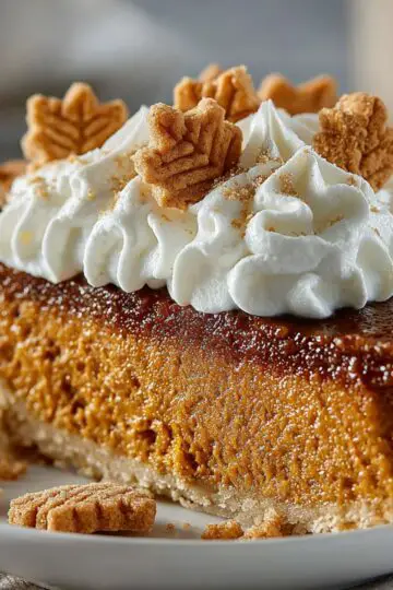 Pumpkin pie recipe slice with smooth orange filling, flaky crust, piped whipped cream and decorative pie crust leaf garnishes