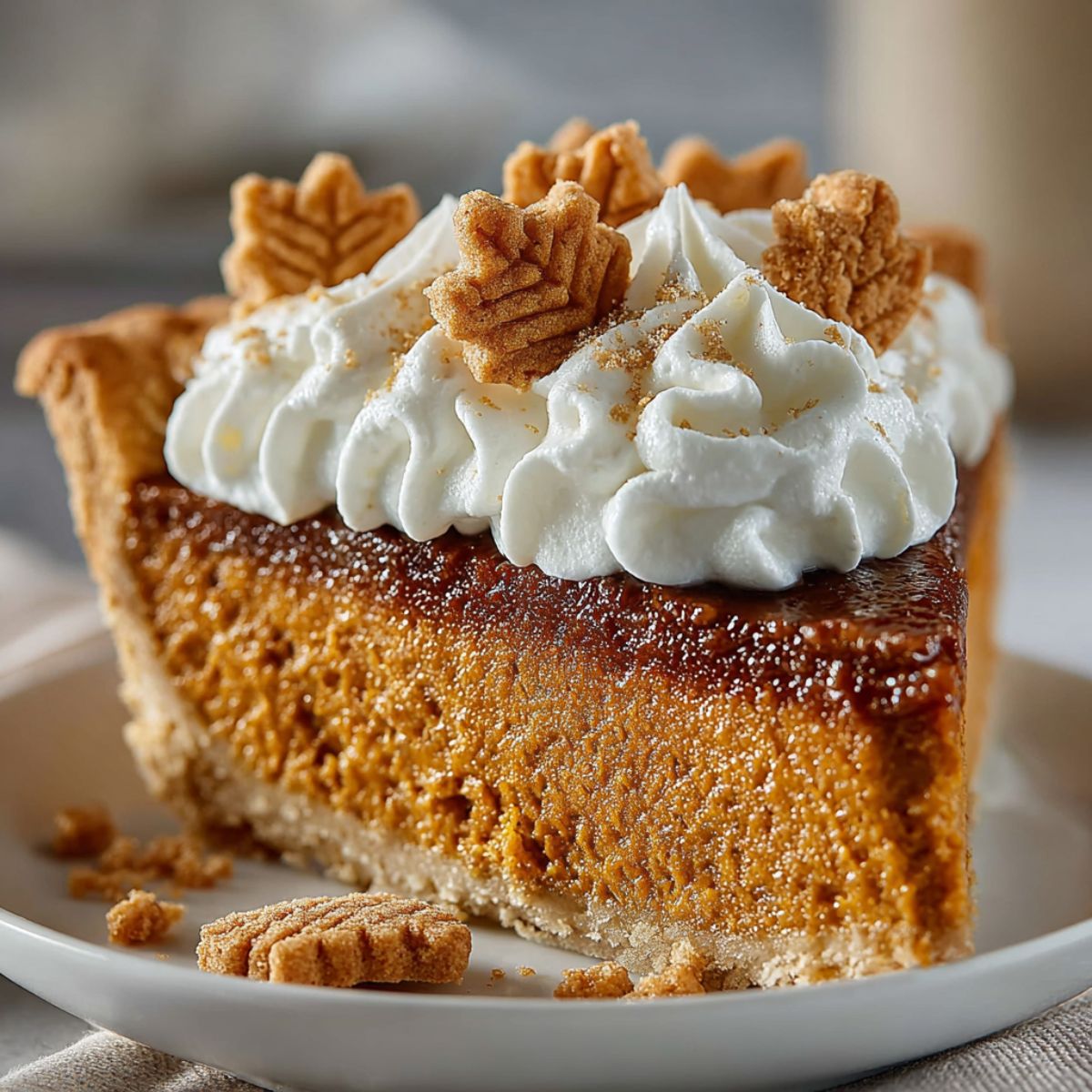 Pumpkin pie recipe slice with smooth orange filling, flaky crust, piped whipped cream and decorative pie crust leaf garnishes