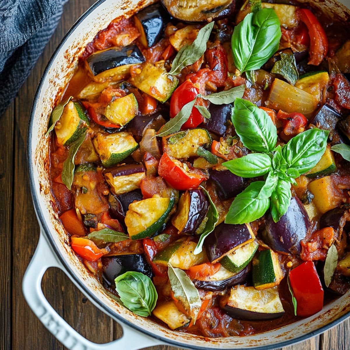 Ratatouille recipe in white cast iron pan with colorful eggplant, zucchini, red peppers, tomatoes and fresh basil leaves