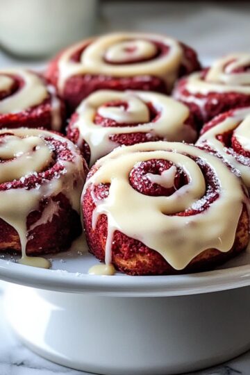 Red velvet cinnamon rolls with white cream cheese frosting drizzled on top arranged on white ceramic cake stand showing vibrant red swirled dough and glossy glaze