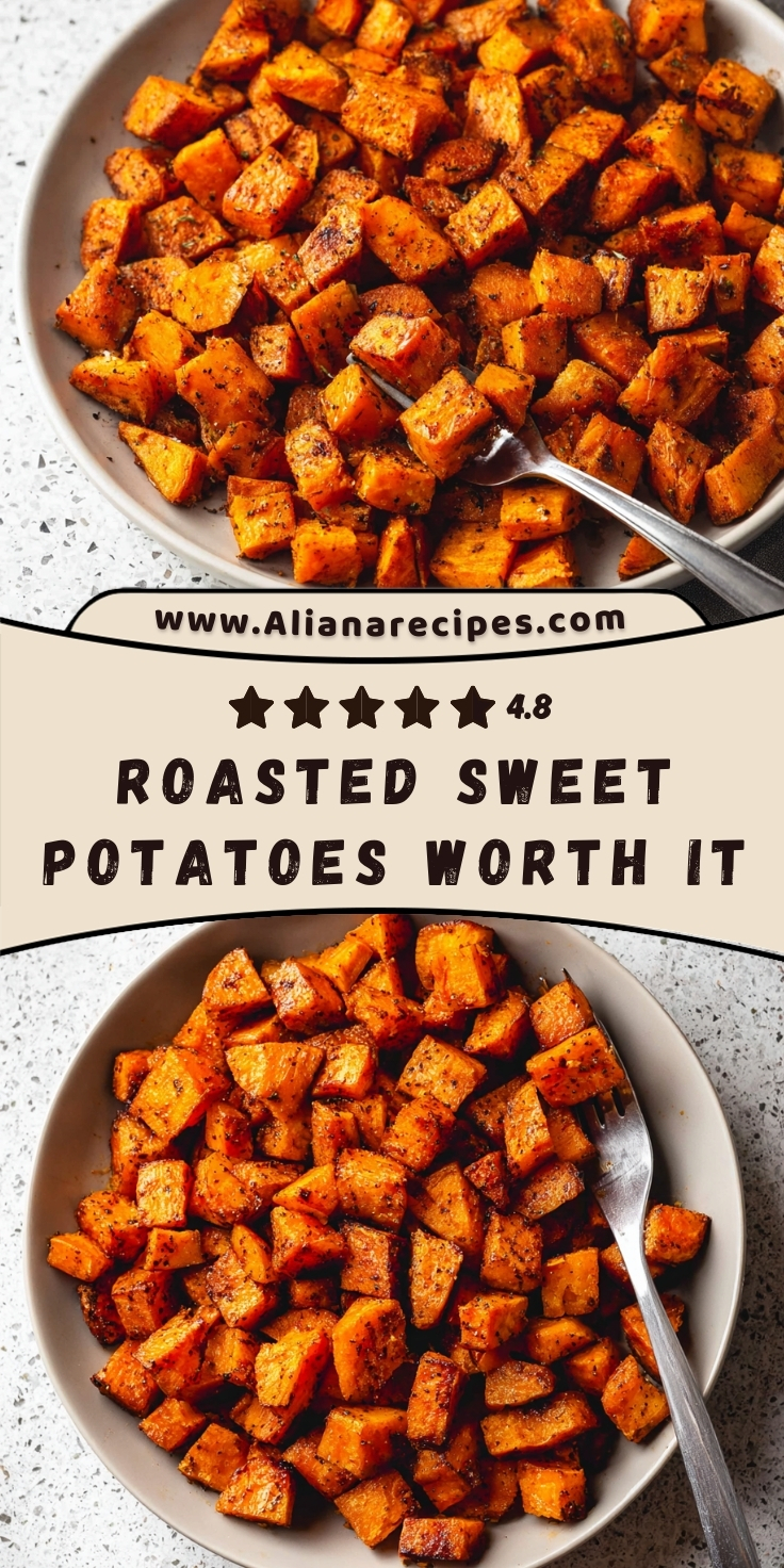 Roasted sweet potatoes cubes with caramelized edges and golden brown seasoning in white ceramic bowls with Pinterest overlay text design showing worth it rating