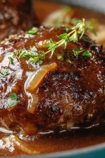 salisbury steak recipe close-up of a juicy ground beef patty smothered in rich brown onion gravy and garnished with fresh thyme.
