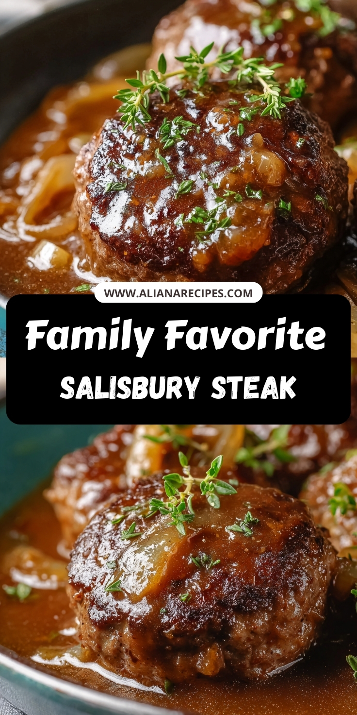 salisbury steak recipe with juicy ground beef patties smothered in a rich brown gravy and garnished with fresh thyme.
