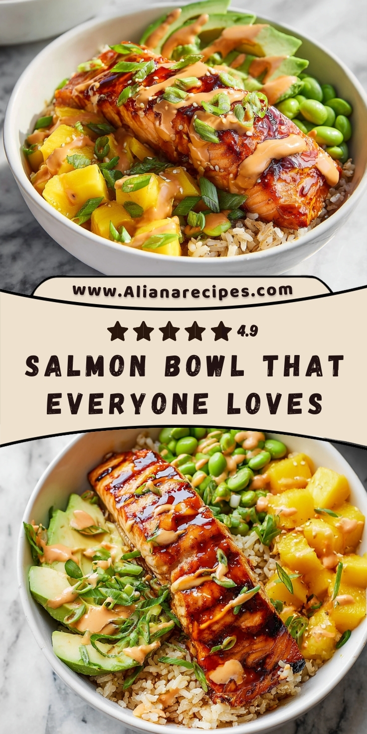 Salmon bowl with teriyaki glazed salmon over brown rice topped with avocado edamame pineapple and spicy mayo with Pinterest overlay text design