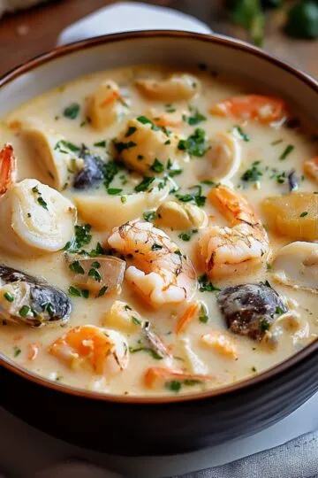 Seafood chowder in dark bowl with shrimp, scallops, mussels and fresh herbs in creamy white broth with crusty bread on the side