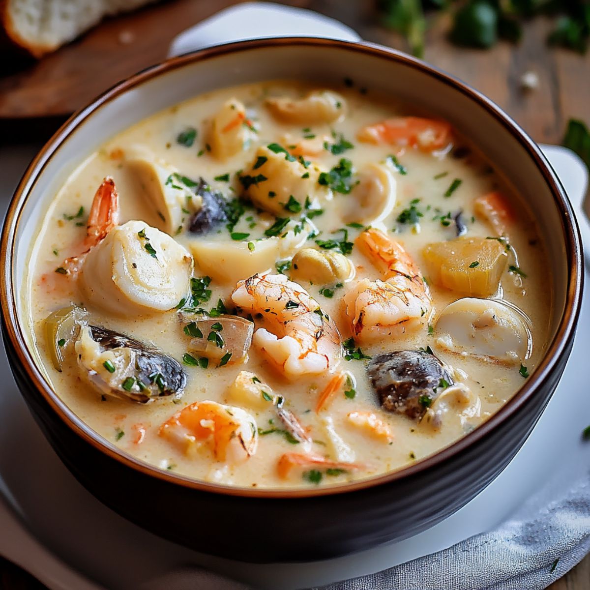 Seafood chowder in dark bowl with shrimp, scallops, mussels and fresh herbs in creamy white broth with crusty bread on the side
