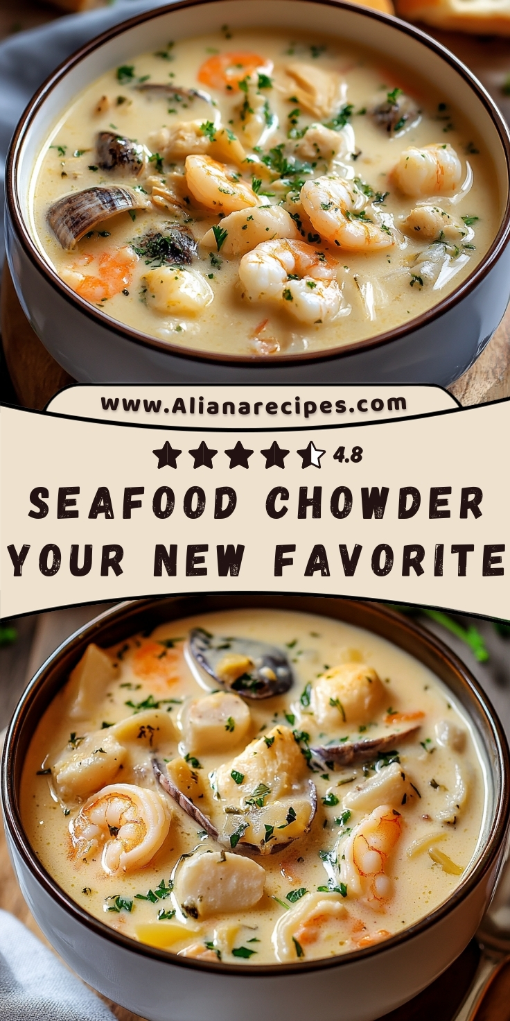 Seafood chowder in two bowls showing creamy broth loaded with shrimp, clams, scallops and fresh parsley garnish