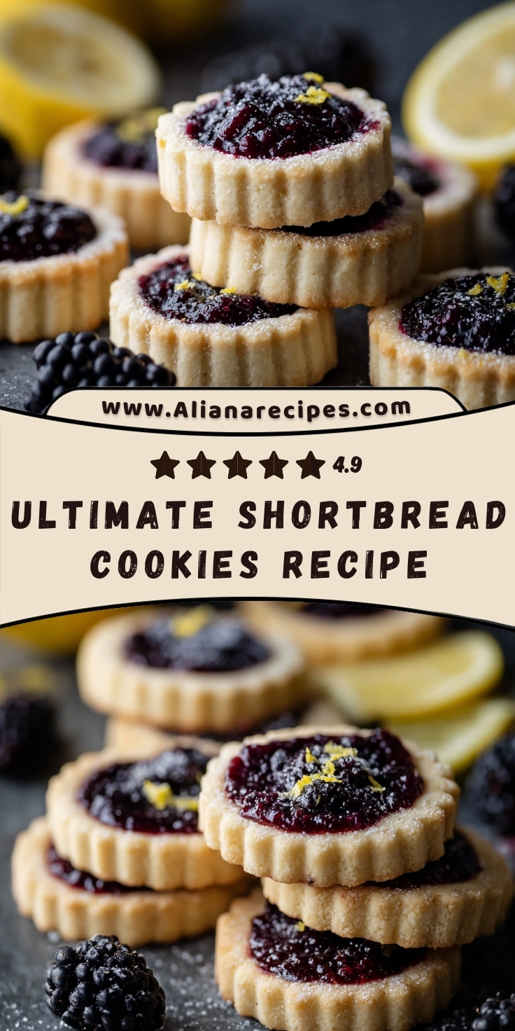 Shortbread cookies Pinterest pin with 4.9-star rating showing ultimate shortbread cookies recipe with jam centers stacked on dark surface with Aliana Recipes branding