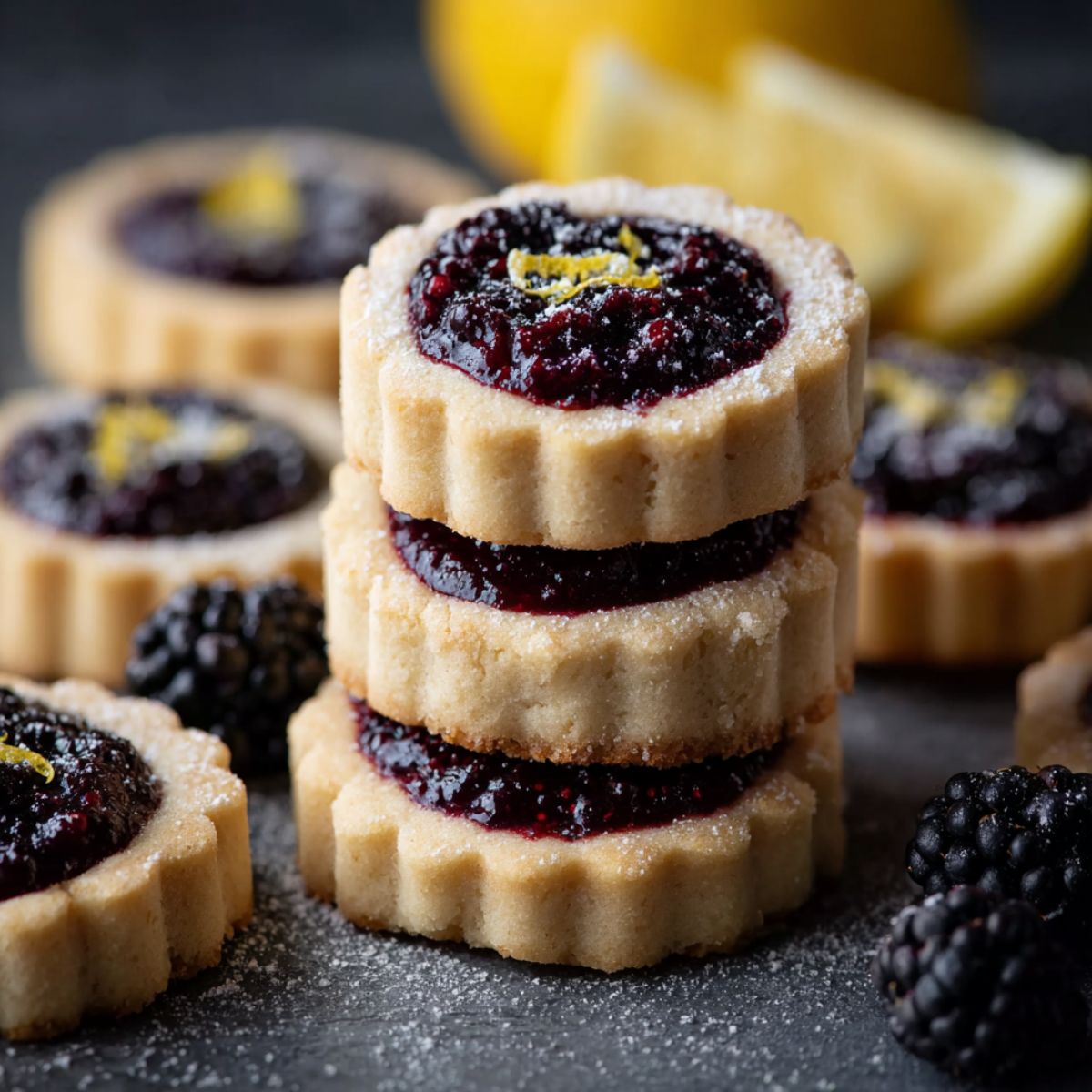 Shortbread cookies with jam centers stacked on dark slate showing buttery fluted edges and blackberry filling with fresh berries and lemon zest