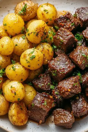 Steak and potatoes with golden baby potatoes and seared steak bites garnished with fresh parsley in white ceramic serving dish