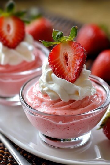 Strawberry mousse in elegant glass bowls topped with swirled whipped cream and fresh sliced strawberries showing smooth pink texture