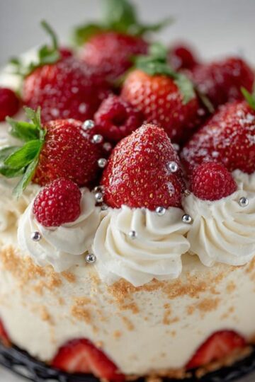 Strawberry shortcake cake topped with piped whipped cream rosettes, fresh strawberries, raspberries and decorative silver pearls on white plate