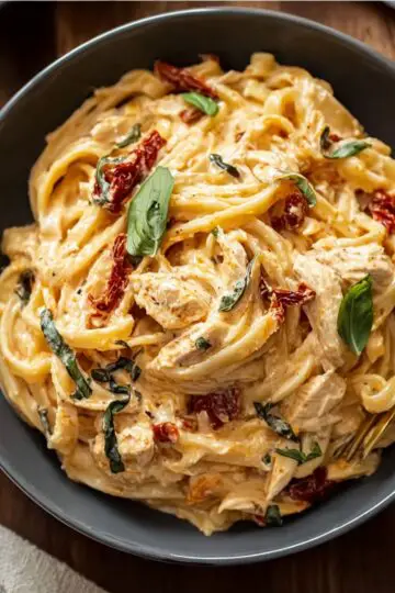 Sundried tomato pasta in dark bowl showing creamy fettuccine with sundried tomatoes, fresh basil and golden fork with rich cream sauce coating