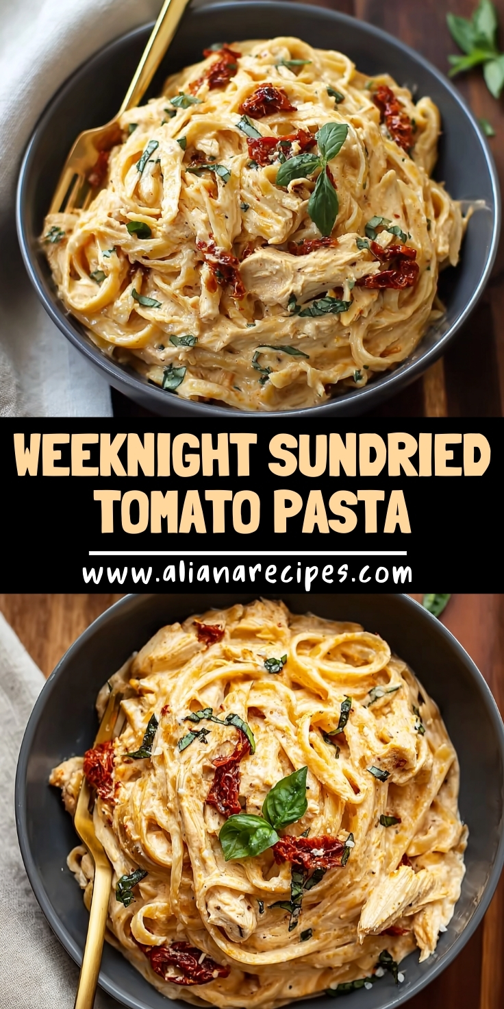 Sundried tomato pasta in dark bowl showing creamy fettuccine with sundried tomatoes and fresh basil with weeknight label and Aliana Recipes branding