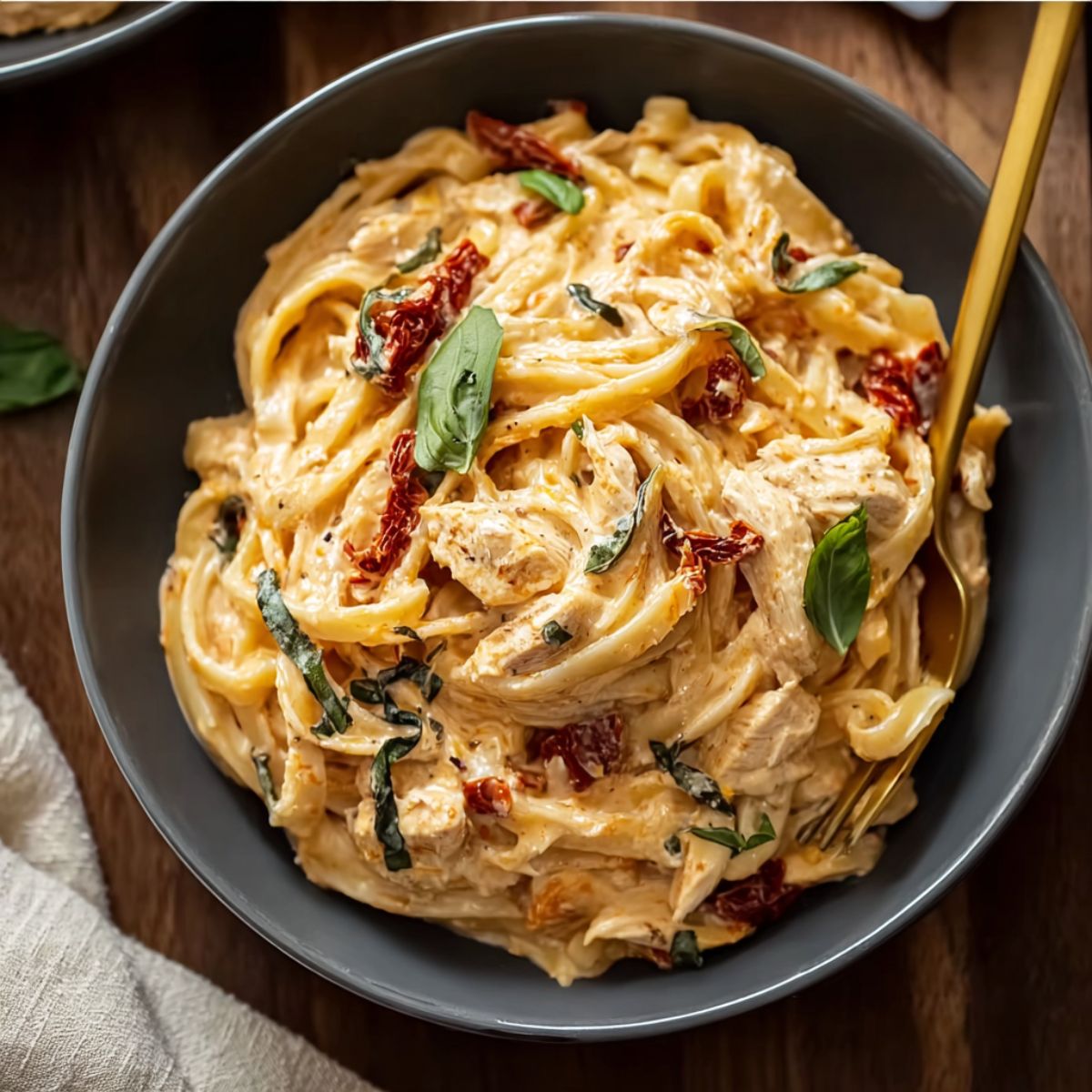 Sundried tomato pasta in dark bowl showing creamy fettuccine with sundried tomatoes, fresh basil and golden fork with rich cream sauce coating